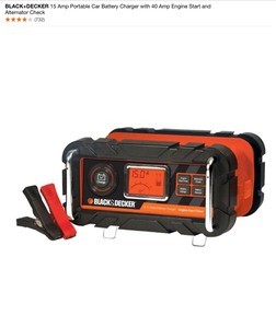 BLACKDECKER 15 Amp Portable Car Battery Charger with 40 Amp Engine Start and Alternator Check & 120 Watt 2-Amp USB Car Power Inverter. See Pictures