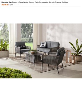 Hampton Bay Tolston 4-Piece Wicker Outdoor Patio Conversation Set with Charcoal Cushions. See Pictures