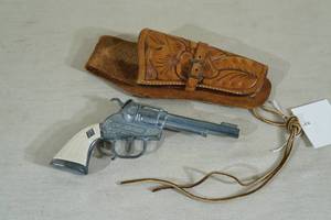 Vintage Hubley Cap Gun with Carved Leather Holster