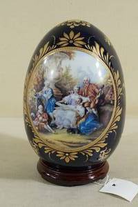 Limoges Blue Porcelain Egg with Gold Trim and Victorian Scene on Base