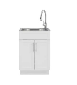 lot 663 image: Glacier Bay All-in-One 24.125 in. x 21.375 in. x 35 in. Stainless Steel Laundry Sink with Faucet and White Storage Cabinet