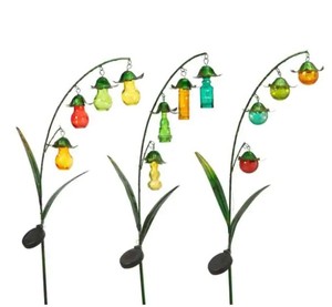 lot 691 image: Gerson 48 in. Tall Solar-Powered Green Metal Flower Yard Stakes with Colored Glass Buds (3-Set)
