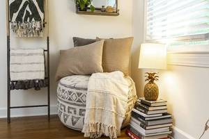Creative Co-Op Cream, Grey & Green Round Wool Blend Kilim Pouf Seating