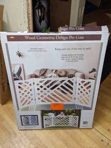 Etna Freestanding White Geometric Wood Pet Gate 3-Panel Tri Fold