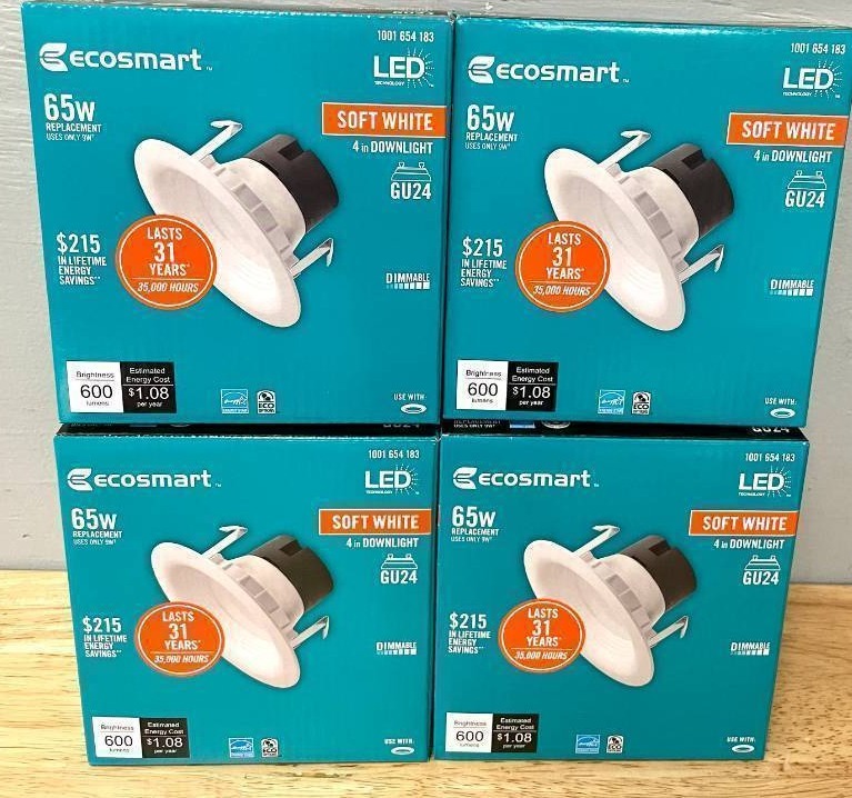 lot 44 image: Lot of 4 EcoSmart 4in Downlight White Integrated LED Recessed Trim Light