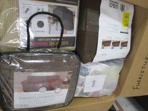 box of furniture covers and bed ski...