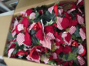 box of red stripe poinsetta bouquet...