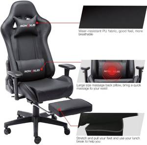 lot 415 image: Nokaxus Gaming Chair Large Size High-back Ergonomic Racing Seat with Massager Lumbar Support and Retractible Footrest  (YK-6008-BLACK) - Missing Baseother parts. May have slight damage - Swivel plate.