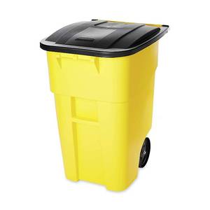 lot 358 image: Rubbermaid BRUTE 50 Gallon Heavy-Duty Wheeled Garbage Can Model FG9W2700YEL ( Lid Is Broken On Right Side)