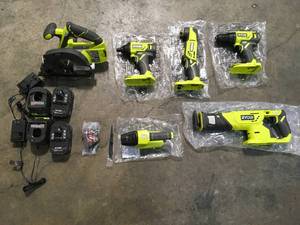lot 21 image: ONE 18V Lithium-Ion Cordless 6-Tool Combo Kit with (2) Batteries, Charger, and Bag by RYOBI Customer Returns See Pictures