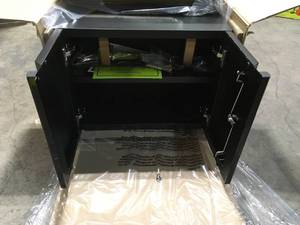 lot 24 image: Regular Duty Welded 24-Gauge Steel Wall Mounted Garage Cabinet in Black (24 in. W x 18 in. H x 12 in. D) by Husky Customer Returns See Pictures