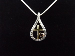 .925 Sterling Silver Crystal Infinity Vermeil Accented Christian Cross and Heart Pendant Necklace
