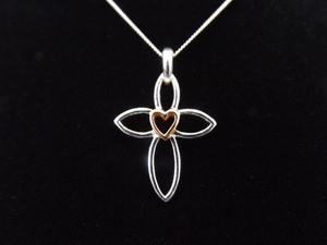 .925 Sterling Silver Vermeil Accented Heart Cross Pendant Necklace