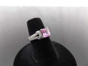 .925 Sterling Silver Diamond Accented Square Cut Pink Sapphire Ring Size 5.5