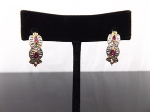 .925 Sterling Silver Diamond Accented Garnet Vermeil Hinged Latch Earrings