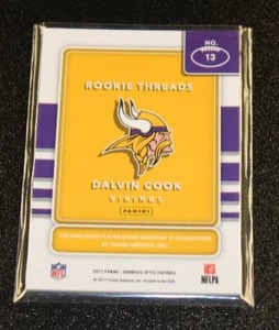 lot 51 image: 2017 Optic Rookie Threads Dalvin Cook Jersey Relic #13 Rookie Card