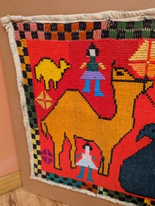lot 136 image: Vintage Colorful Needlepoint Tapestry Purchased in 1974 in Bedouin Camel Market