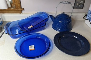 lot 50 image: Collection of Blue Pyrex Baking Dishes, Enameled Tea Kettle & Plate
