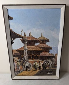 lot 57 image: Framed Original Oil Painting of a Crowd Outside a Chinese Pagoda Signed by the Artist
