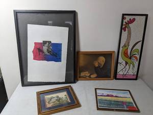 lot 59 image: Lot of 5 Framed Pieces of Wall Art, Signed Original, Vintage Fiber Art and Prints
