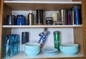 lot 35 image: Kitchen Lot Cups, Mugs, Water Bottles, Bowls, Plates, and More
