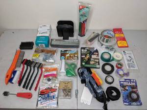 lot 141 image: Assorted Garage Items - Wire Brushes, Hex Nuts, Tape, Cable Ties, and more