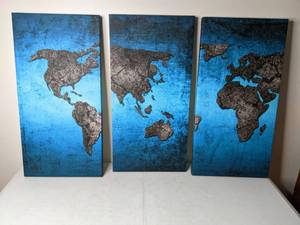 lot 209 image: Collection of 3 Canvases (Triptych) with Map of the World