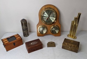 lot 92 image: Vintage Weather Station, Brass Coin Bank, 4 Keepsake Boxes and More