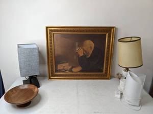 lot 95 image: Vintage Grace Wall Art, Table Lamps, Essential Oils Lamp, and Decorative Wood Bowl