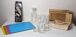 lot 68 image: Mixed Lot of Kitchen Items Japanese Mandolin, Cutting Boards, Glass Parfait Dishes, and More
