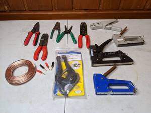 lot 188 image: Mixed Lot of Tools Ratcheting PVC Cutter, Electricians Pliers, Staplers, and More