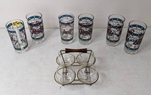 lot 232 image: Vintage Glassware 6 Pc Pepsi Cola Tumblers & 4 Pc Round Glasses in Carrier
