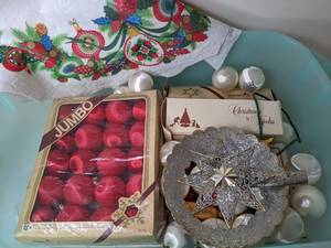 lot 215 image: Christmas Decor Lot Satin Ornaments, Tree Skirt, Star Tree Topper, Collectible Holiday Hotwheels, Hershey Kiss, Coca-cola Decor and More