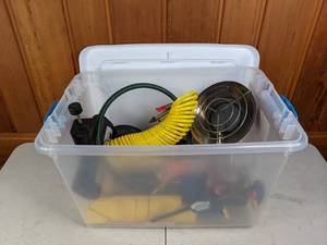 lot 328 image: Lot of Assorted Garage Items - Black & Decker Mouse SanderPolisher, Caulk Guns, Air Hose, Clamps, and more