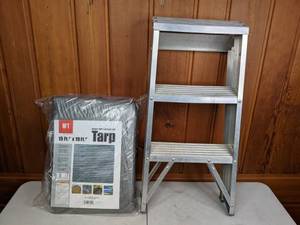 lot 306 image: 2-Step Metal Ladder and Heavy Duty Tarp