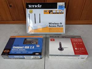 lot 348 image: Wi-Fi Lot Tenda Wireless-N Access Point, Linksys Compact USB 2.0 Network Adapter, and Belkin USB Network Adapter