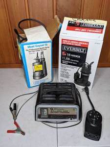 lot 353 image: Everbilt Water Pump, Geyser II Water Pump, and Schumacher Battery Charger