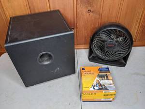 lot 355 image: Honeywell Fan, Smart Garage Hub, and Harman Kardon Subwoofer