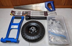 lot 372 image: Mixed Lot with Hand Saw, Flashlight, Panel Carrier, Cart Tire, Flashlight and More