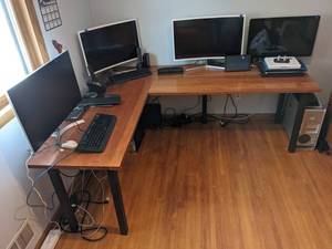 lot 281 image: Gorgeous Room and Board Wood L-Shaped Computer Desk