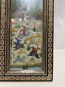 lot 21 image: Antique Persian  India Hand Painted Hunt Scene in Khatam Micro Mosaic Frame