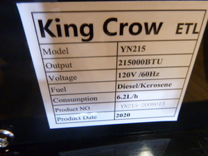 NEW King Crow Forced Air Heater