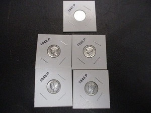 Lot of 5 Mercury Silver Dimes - 36-P, 41-P, 42-P, 44-P and 45-P