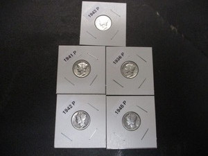 Lot of 5 Mercury Silver Dimes - 36-P, 41-P, 42-P, 43-P and 45-P