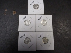 Lot of 5 Mercury Silver Dimes - 39-P, 39-D, 42-D, 43-P and 44-D