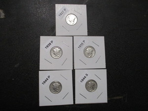 Lot of 5 Mercury Silver Dimes - 27-P, 36-P, 39-P, 44-S and 44-P