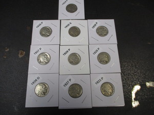 Lot of 10 Buffalo Nickels - Carded and Labeled - 23-P, 24-P, 25-P, 27-P, 28-P, 30-S, 35-P, 36-P, 36-D, 37-P