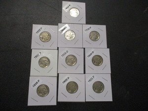 Lot of 10 Buffalo Nickels - Carded and Labeled - 20-P, 23-P, 25-P, 28-D, 29-D, 30-P, 34-P, 35-P, 36-P, 37-P