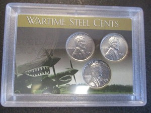 1943-P,D and S WWII Emergency Issue Steel Penny Set in P-40 Warhawk Collectors Case - Excellent Condition