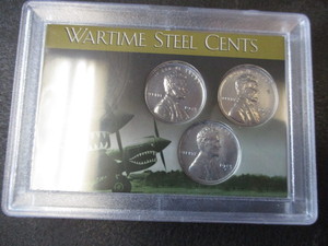 1943-P,D and S WWII Emergency Issue Steel Penny Set in P-40 Warhawk Collectors Case - Excellent Condition